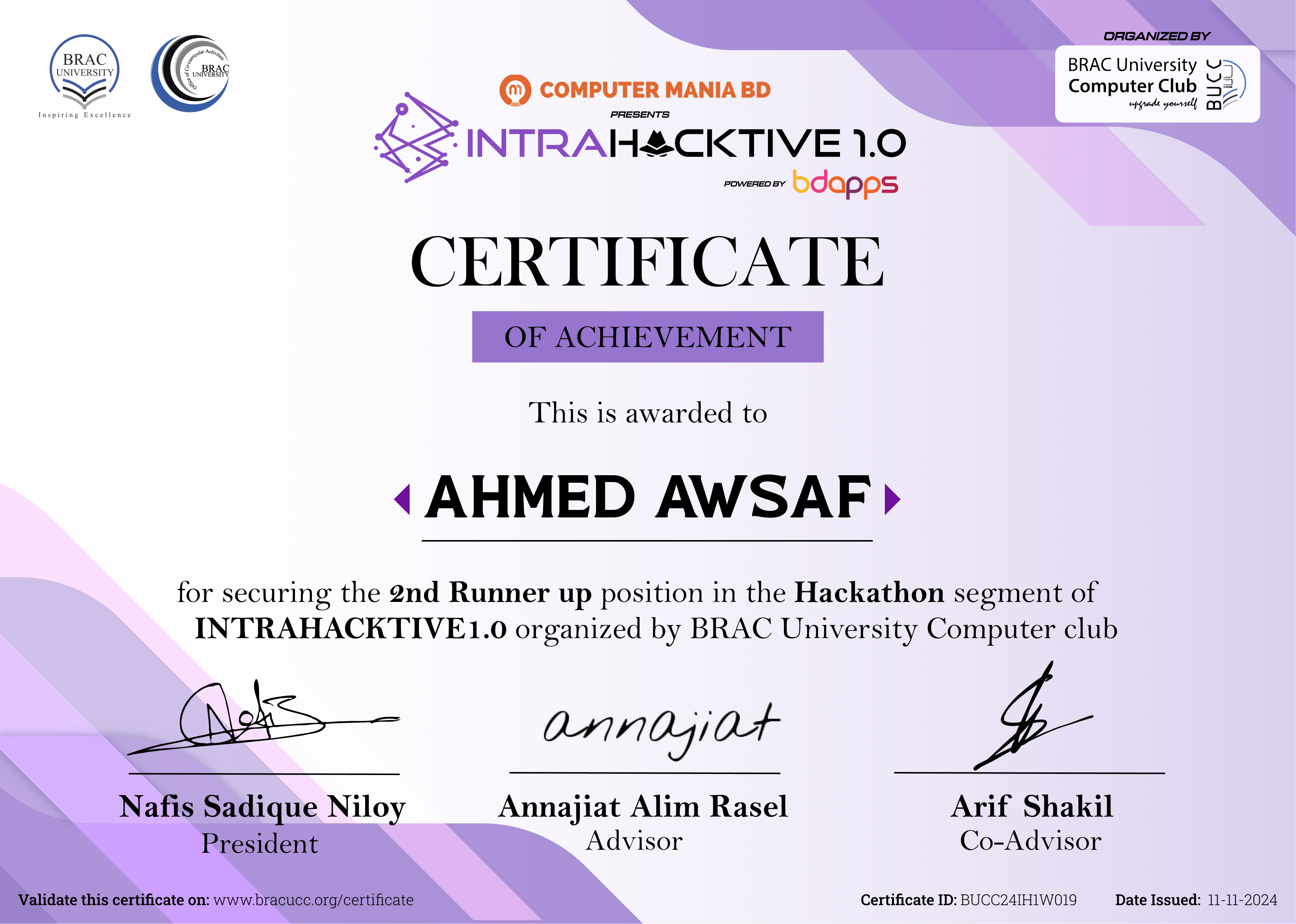 Generated certificate for a short name, Ahmed Awsaf, with the triangle markers sitting tight against the text